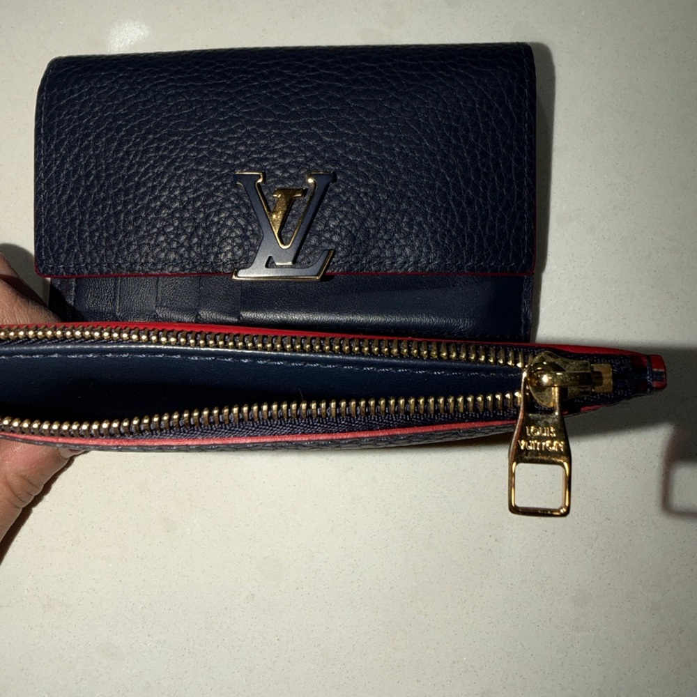 SOLD Louis Vuitton Lockme Compact Wallet Navy Blue Red Trim Gold LV Clasp + COA - Picture 8 of 11
